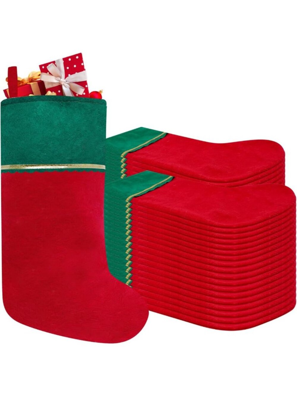 36 Pack Red & Green Felt Christmas Stockings, 19" with Gold Trim for Holiday